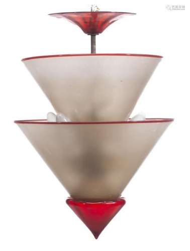 Plafonnier à 9 feux en verre bicolore rouge et blanc, Murano, circa 1930 - [...]