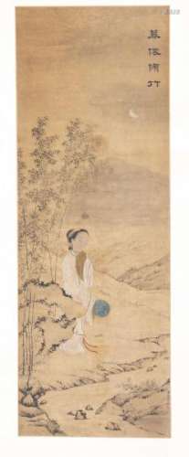 Peinture sur soie, signée Shifu Qiu Ying avec sceau en rouge à la gourde - Peinture [...]
