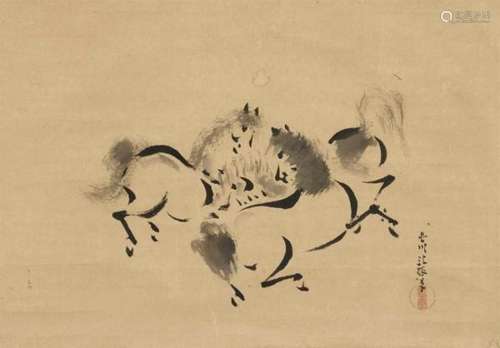 Kano Yôsen'in (1753-1808)Depicting three jumping horses. Ink on paper. Signed Yôsen [...]