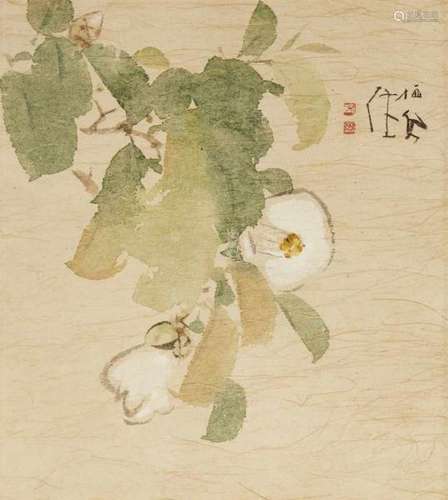 Takeuchi Seihô (1864-1942)Hanging scroll depicting a white camellia. Ink and colours [...]