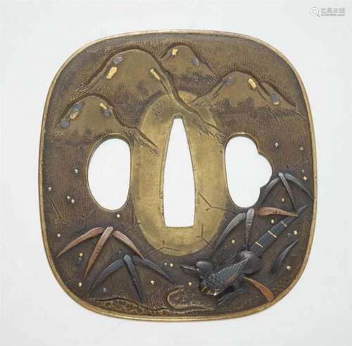 A sentoku tsuba. 19th centuryOf rounded square shape with bird, leaves and dew drops [...]