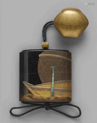 A three- case inrô. Late 18th centuryDisplaying a boat with a very large blown sail [...]