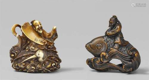 Two netsuke of sennin. Wood and ivory. 19th centurya) Tsuru Sennin on a crane amidst [...]