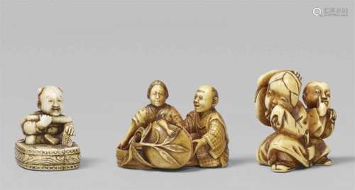 Three ivory figural netsuke. Late 19th centurya) A karako sitting on a drum with the [...]