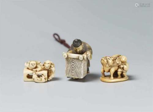 A group of three ivory netsuke. 19th/20th centurya) Two karako sitting at a table and [...]