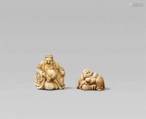 Two ivory netsuke of Hotei. 19th centurySitting at ease and leaning against their [...]