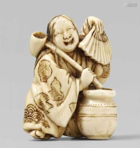 An ivory netsuke of a shôjô, by Shôunsai. Mid-19th centuryStanding next to a jar [...]