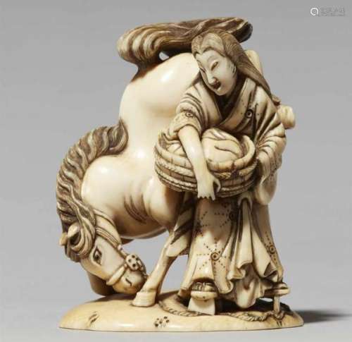 A small ivory okimono of the strong woman Kaneko. Late 19th centuryHolding tub with [...]