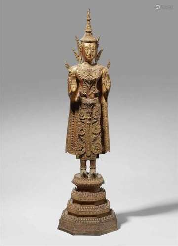 A Ratanakosin lacquered and gilded bronze figure of a bejewelled Buddha. Thailand. [...]