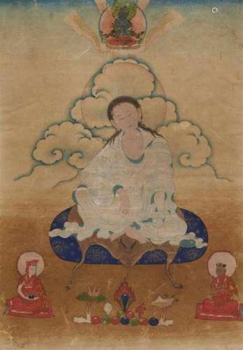 A delicate Eastern Tibetan thangka of Milarepa. 18th/19th centuryThe yogi seated with [...]