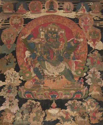 A Tibetan blackground thangka of Vajrakila in yab-yum. Around 1700The wrathful deity [...]