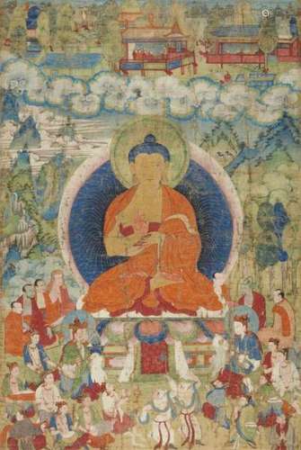 An excellent and large Tibetan thangka of a preaching Buddha. 18th centurySeated on a [...]