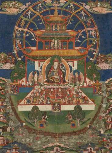 A Tibetan thangka of Padmasambhava in his Copper Mountain Paradise. 19th centuryThe [...]