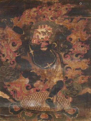 A Tibetan thangka of Simhavaktra. 16th/17th centuryThe lion-faced dakini dancing on a [...]