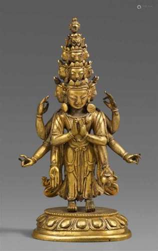 A Tibeto-Chinese gilt bronze figure of the eleven-headed Avalokiteshvara [...]