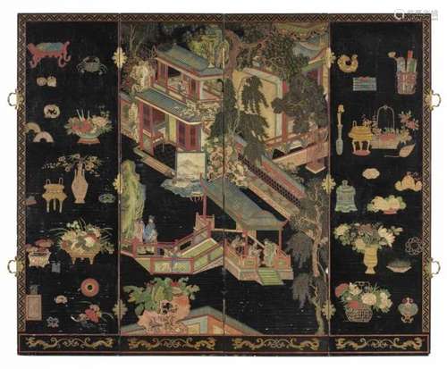 A Coromanel lacquer four-leaf screen. 18th centuryDepicting figures in a landscape [...]