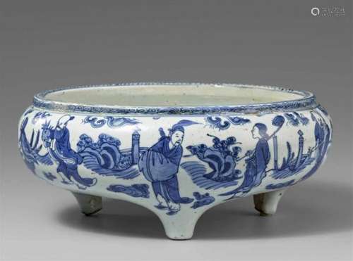 A blue and white Eight Immortal tripod censer. 17th centuryDecorated to the exterior [...]