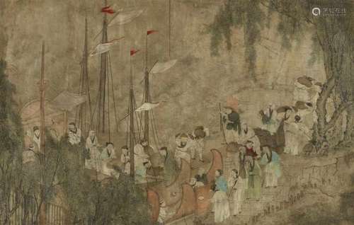 Anonymous painter, . Qing dynastyFigures unloading a ship. Ink and colour on paper. [...]