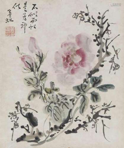 Huang BinhongPeony branch. Album leaf. Ink and colour on paper. Inscription, signed [...]