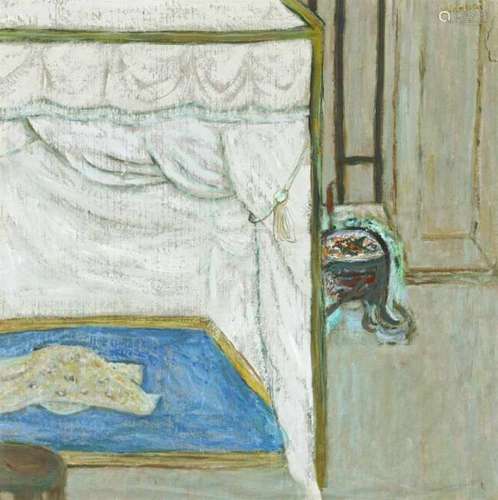 Su XiaobaiInterior with a canopy bed. Oil on cardboard. Signed Xiaobai. 46 x 46 [...]