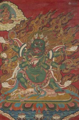 Three small Tibetan thangkas. Early 20th centurya) Shadbhuja Mahakala; b) Mahakala yab-yum