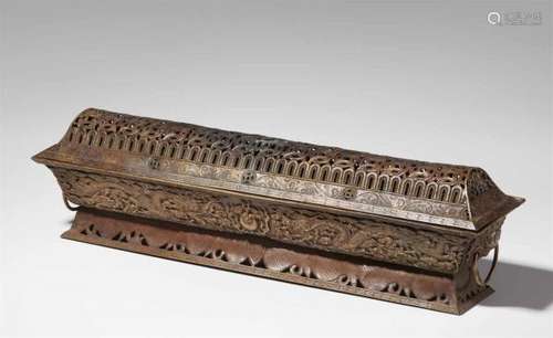 A Tibetan copper incense altarThe long sides decorated with embossed and applied [...]