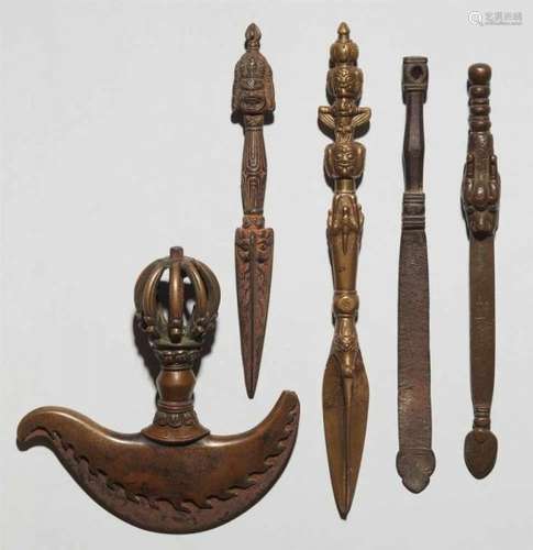 A set of three Tibetan bronze and iron ritual implementsa) A bronze ritual chopper, [...]