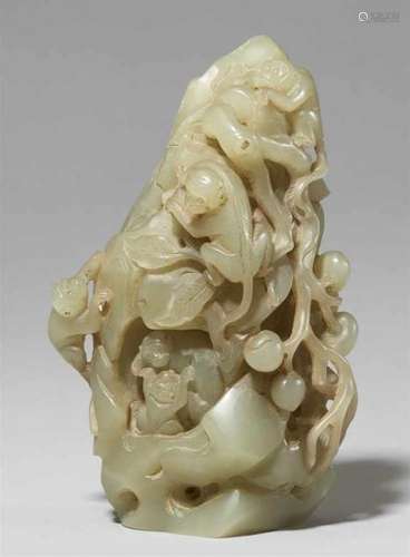 A pale celadon jade boulder. 19th/20th centuryCarved to all sides with climbing [...]