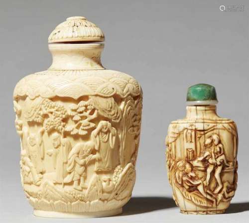 Two ivory snuff bottles. 19th/20th centuryCarved with a) ten luohan with mythological [...]