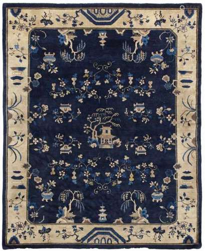 A Ningxia wool carpet. Western China. Around 1900In the large blue-ground central [...]