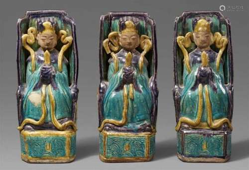 Three sancai glazed biscuit figures of officials. Ming dynasty (1368-1644) or [...]