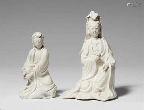 Two blanc de Chine figures of GuanyinTwo seated figures of Guanyin, covered overall [...]