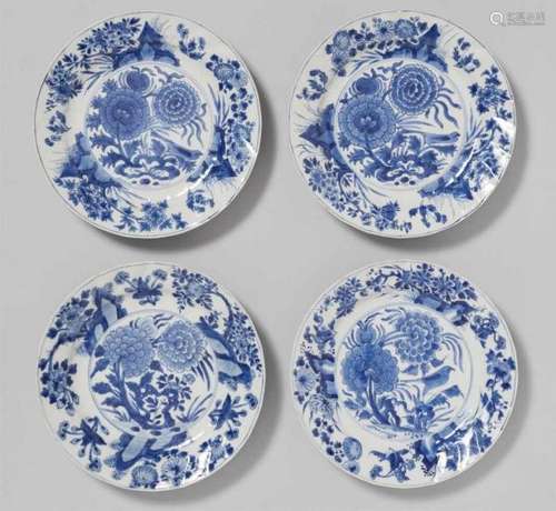 Four blue and white dishes. Kangxi period (1662-1722)Decorated with a bird, peonies and