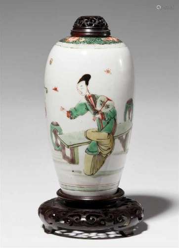 A famille verte vase. Kangxi period (1662-1722)An elongated ovoid famille verte vase, [...]