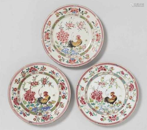 Three famille rose dishes. Qianlong period (1735-1796)Decorated in a shaped reserve with a