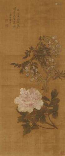 Yun ShoupingPeony and wisteria. Hanging scroll. Ink and colour on silk. Inscription, [...]