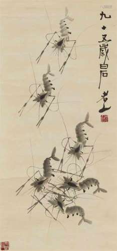 Qi BaishiShrimps. Hanging scroll. Ink on paper. Inscription, signed Baishi laoren and [...]