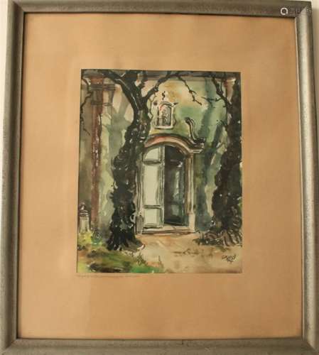 Aquarelle : Eingang zur Wendalinnskapelle, St. Wendel en SARRE, signée G. KANÿ, [...]