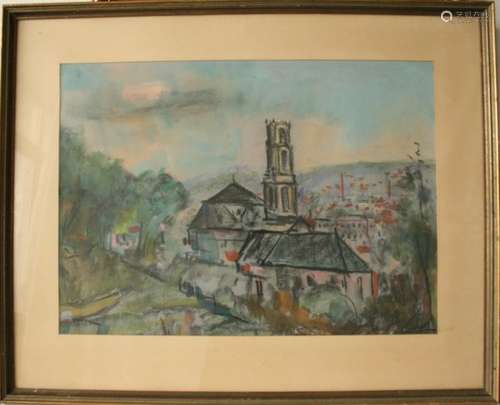 Gouache et fusain : Vue d'une Eglise et de cheminées d'usines dans la vallée de la [...]