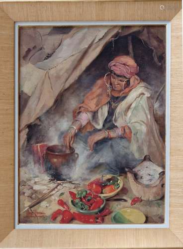 Max Léon MOREAU (1902-1992), peintre belge, Huile sur toile : Marocaine cuisinant [...]