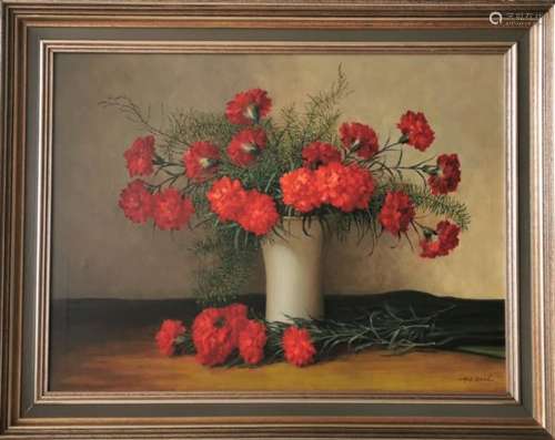 Alo BOVE (1906-1977), artiste luxembourgeois, Huile sur toile : Bouquet d'œillets [...]