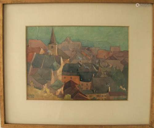 Sosthène WEIS (1872-1941), aquarelliste luxembourgeois, Grande aquarelle : Village [...]