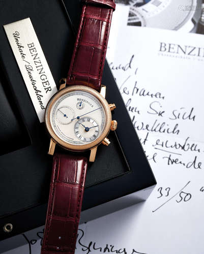 Benzinger. A Limited Edition Pink Gold Chronograph Wristwatch with handcrafted guilloché Dial