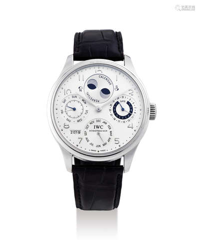 IWC. A Limited Edition Platinum Portuguese Perpetual Calendar Wristwatch with Moon Phases and Year Display