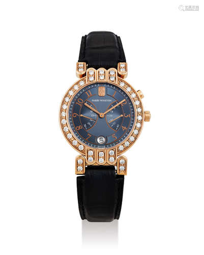 Harry Winston. A Pink Gold and Diamond-Set Wristwatch With Day, Date and 30 Second Retrograde Display