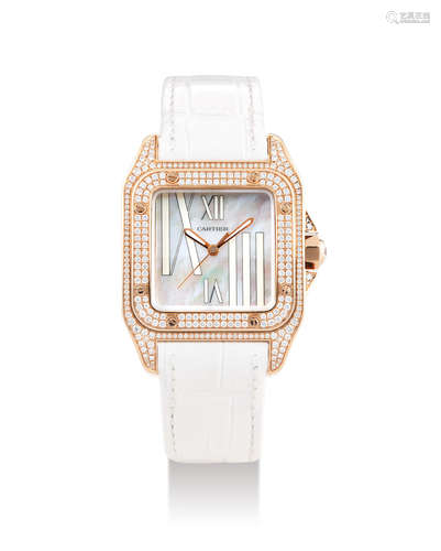 Cartier. A Pink Gold and Diamond-Set Wristwatch with Mother-of-Pearl Dial