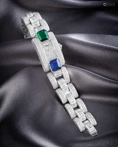 Chopard. An Exceptional and Unique White Gold Diamond, Emerald and Sapphire Set Bracelet Watch