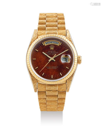 Rolex. A Rare Yellow Gold Day-Date Wristwatch with Wood Dial and exotic finished bracelet and case