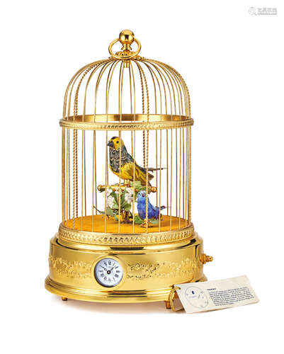 Reuge Music. A Charming Gilt Metal Double Singing Bird Cage Automaton with Timepiece and Alarm