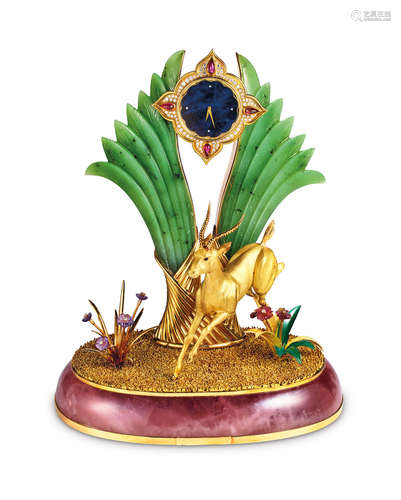 Jean & Pierre Bellin. A Fine and Unique Yellow Gold, Diamond, Tourmaline, Amethyst and Nephrite Arabian Gazelle Mantel Clock